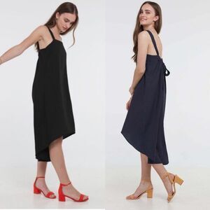 Hoodlamb Lagenlook High Low Minimalist Hemp Dress Adjustable Strap Tie Navy L